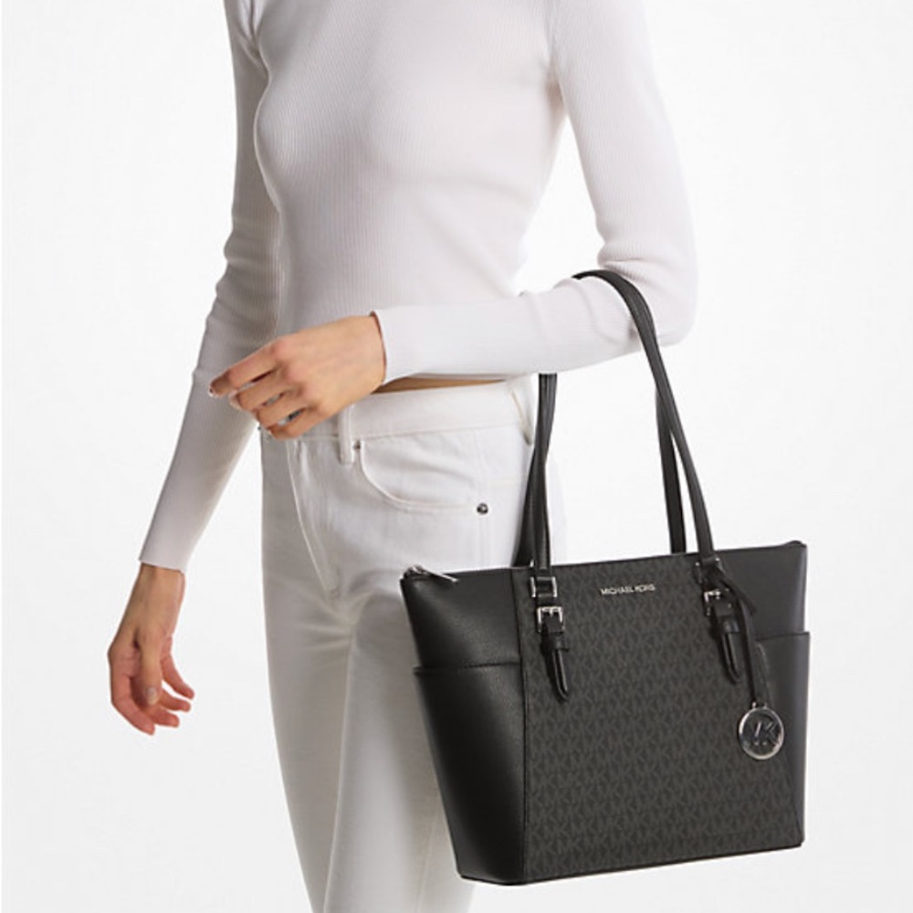 Michael Kors Charlotte Large Logo and Leather Top-Zip Tote Bag NWT - Picture 2 of 3